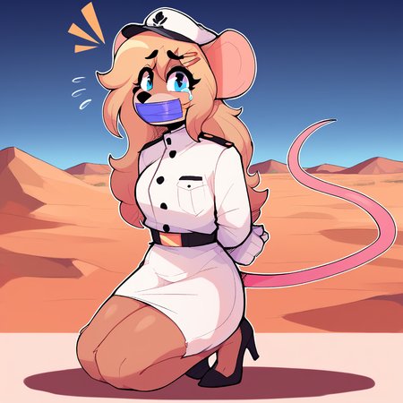 score_9_up, score_8_up, score_7_up, score_6_up, furry female, full-length portrait, by remanedur, ela novabay, female, furry, mouse, blue eyes, blonde hair, long hair, tail, white gloves, desert, headwear, (headgear), high heels, looking at viewer, hairclip, white naval uniform, (solo), three-quarter view, head tilt, tape gag, hands behind back, crying, tears, shocked, white clothing,   <lora:Leah_Pines(AIM)_XL_v1:1>,  <lora:PDXL_artist_tags_v2_big:0.8> <lora:The-Minuscule-Task_PDXL_v1.0:0.8> <lora:Ela_Novabay_WirelessShiba:0.15>