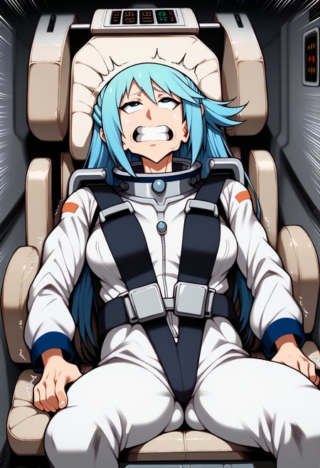 score_9,score_8_up,score_7_up, score_6_up,score_5_up,score_4_up,source_anime, BREAK 
1girl, aqua \(konosuba\), female astronaut, blue hair, long hair, (spacesuit:1.6) bodysuit, seatbelt harness, (pilot chair:1.1), (cushion:1.1), (cowbot shot:1.3), (trembling:1.6), on back, reclining, (speed lines, motion blur:1.6), half-closed eyes, clenched teeth, holding on, arms to sides, hands to sides, looking ahead, cheek bulge, fainting, solo, cockpit, indoors, dark room, dimly lit, (sci-fi:1.2), (launching:1.4),(gf0rc3xl:1.2),  <lora:2024-06-02_17-06-55-save-920-10-0:1> <lora:fishine:0.8>