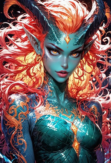 (score_9, score_8_up), score_7_up, zPDXL, solo,  <lora:MythP0rtr4itStyle:1>, closeup, upper body,female creature, horns, legs and chest and arms covered in extremely transparent, almost invisible neon colorful scales that refract and shimmer, revealing the creature's skin beneath with an intensely soft, ethereal glow.Stand facing the audience,extremely transparent scales,extremely transparent scales,extremely transparent scales,tattoo