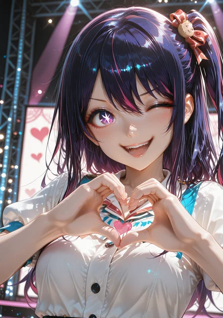 masterpiece,best quality,amazing quality,1girl,
<lora:arblend:1>,arblend,heart hands,smile,one eye closed,hoshino ai,stage lights,open mouth,teeth,upper body,