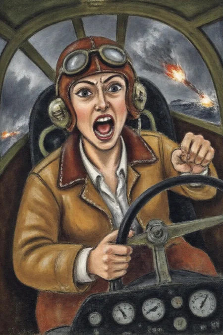henrimatisse1 painting. 
 A female pilot screaming inside the cockpit of a World War II bomber. The pilot, wearing a vintage leather flight helmet with goggles and a bomber jacket, grips the controls with white-knuckled hands. Her face is contorted in a mix of fear and determination as she yells, her eyes wide with adrenaline. The cockpit is cramped and filled with old-fashioned dials and gauges, with the outside view showing dark stormy clouds and distant anti-aircraft fire  <lora:henrimatisse1_f16e11:1.0><lora:870964138912827318:0>