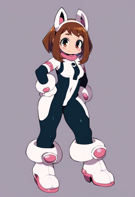 masterpiece, best quality, score_9, score_8_up, score_7_up, beautiful coloring, detailed coloring, beautiful shading, shiny skin, detailed shading, looking at viewer, 1girl, standing, hand on hip, cowboy shot
BREAK
<lora:Zankuro_Style_Pony:1>
BREAK
<lora:sdxl-mha-ochako-pony:1>, Uraraka Ochako, OchaCos, bodysuit, fingertip paw pad, white high-heels boots, arms wear, black tights, headgear
BREAK
simple background