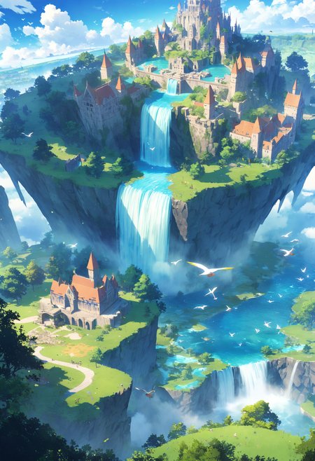 detailed lanscape, celestial island, waterfall, blue sky, clouds, stone castle, green, grass, trees, birds flying, fantasy, colorful, anime production, best quality, very aesthetic, absurdres, <lora:add-detail-xl:1>, <lora:MJ52:0.25>