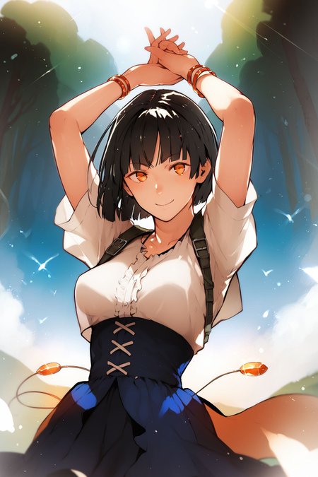 score_9, score_8_up, score_7_up, 1girl, naughty smile, black hair, long_fringe, orange eyes, medium breasts, arms_up, outdoors, glittering light <lora:nishiide_kengorou_PonyXL_style_v01:1>