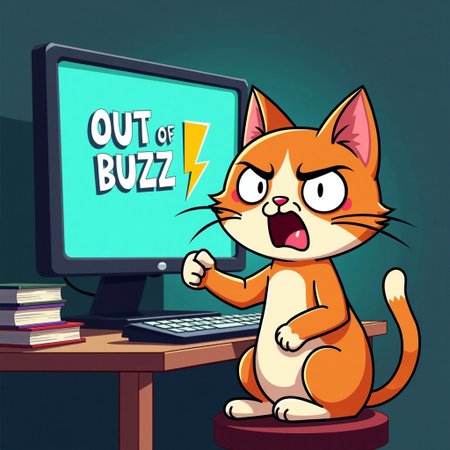 a cartoon cat sitting in front of a computer,with the text "OUT OF BUZZ!" and a lightning symbol appearing in large font.The cat is slamming his fist in anger