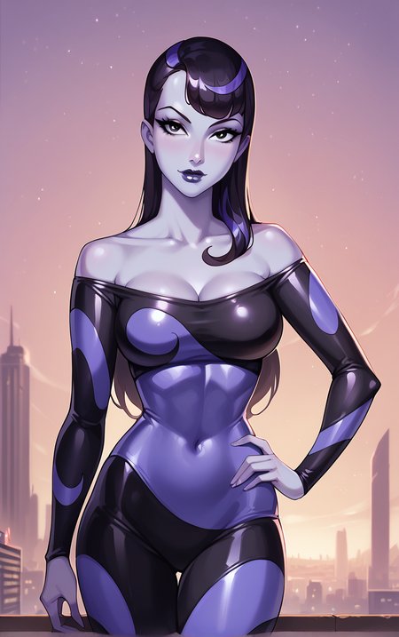 score_9, score_8_up, score_7_up, BREAK
Inque_Human_ownwaifu, 
1girl, black eyes, black hair, breasts, long hair, narrow waist, purple hair, purple lips, purple skin, slime girl, two-tone hair, makeup, lipstick, colored skin, multicolored hair, medium breasts, streaked hair, striped,
black bodysuit, multicolored bodysuit, purple bodysuit, skin tight, bodysuit, bare shoulders, long sleeves, cleavage, off shoulder, covered navel,
(contrapposto, hand on hip), sunset, sidelighting, cityscape, vanishing point, outdoors, <lora:PONYXL_DC_BatManBeyond_Inque_ownwaifu:1> , depth of field, solo,