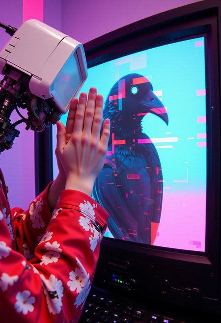 ajpasbot, neon-mist, bleaked atmospheric lighting with neon glitches, retro Vintage Robot wearing Red flower kimono with tv-screen head, the Screen Showing a killercrow bird Closeup, grainy Image, distorted vision,  atmospheric Haze, Folds her hands in front of her face, cinematic composition, atmospheric haze, very detailed, raw photo, photorealistic, high detailed texture, 8k uhd, dslr, soft lighting, high quality, film grain, atmospheric haze, Film grain, cinematic film still, shallow depth of field, highly detailed, ishin_glitch style
