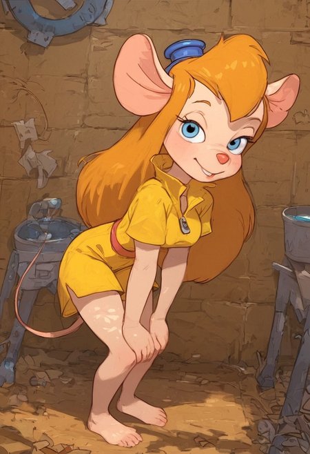 score_9, score_8, score_7, score_6, score_9,  mouse tail, Gadget, Cartoon, 1girl, solo, puffy girl, bright smile, perfect skin, looking at viewer, long hair, perfect round breasts, dappled sunlight, workshop  yellow jumpsuit, zipper, , barefoot, strong shadows, standing, bend over, hands on knees, Expressiveh, by posssummachine