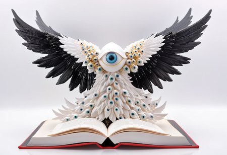 seraphim, mystical creature with hundreds of eyes and wings, high quality PVC figurine, stands on open book, profile angle, eyes shaped like nipples
