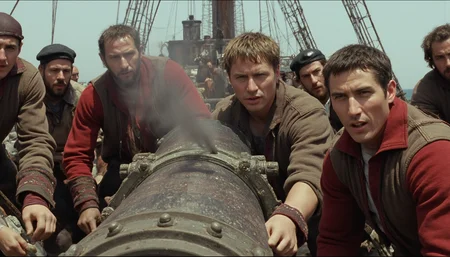 cinematic medium shot of a group of 18th century pirates hunkering around a cannon on the deck of a ship, smoke coming out of the cannon. All have agitated facial expressions. Warm direct natural light on a sunny day. High resolution. 2000s movie <lora:dark_cinematic-000080:1>