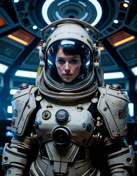 nostromo style woman wearing spacesuit with armor, space helmet, jumbotron, ceiling decoration, control panels, buttons, switches, lights, science fiction, horror,
extremely detailed, sharp focus, sharp