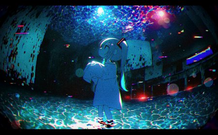 highres, greatscore,  1girl, hatsune miku,  ghost pose, profile, looking up, (fisheye:1.3),
(noroi \(rnatataki\):1.3), chibi only, wide shot, glowing theme, 
dilapidated, narrow waist,  oversized clothes, oversized shirt, (photo background, chromatic aberration, lens flare abuse, caustics, dim lighting:1.1), abstract, glitch, long shirt, long sleeves, sleeves past wrists, 
masterpiece, absurdres,