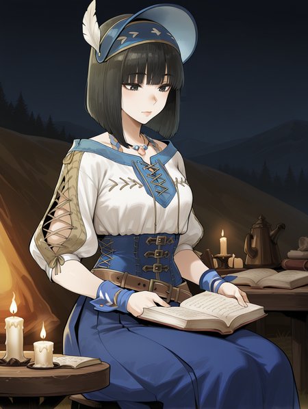 felicita, 1girl, solo, sitting, open book, holding book, reading, candle, closed mouth, table, lips, blue headdress, blue necklace, blue cross-laced clothes, blue corset, blue wrist cuffs, brown belt, blue long skirt, camp,
masterpiece,best quality,amazing quality,very aesthetic,absurdres,newest,<lora:Felicita & Clerk Suit Armor illuXL v1:0.75>,