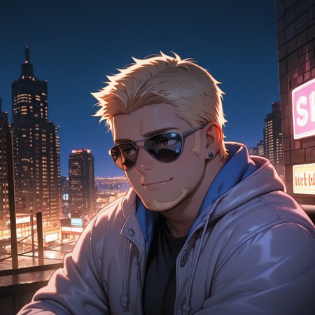 masterpiece, best quality, amazing quality, absurdres, newest, detailed background, definition so sharp, Ultra-HD, 8K cinematic, very awa, impressionate, amazing quality, highres, 
solo, male focus, manly, 
1boy, short hair, goatee, chubby, rikio_blonde, rikio_brown eyes, rikiokamamoto, sunglasses \(on face\), earrings, sideburns, stylish jacket, urban background, city lights, night, cool colors, confident, suave, upbeat, chill vibe, leaning, relaxed pose, slight smile,