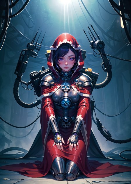 (1girl, dark blue hair short hair hime cut, purple eyes, , nose blush) (digital) ( kneeling in detailed canal, (skull, tube, science fiction, extra arms, hood, robe, glowing eyes, mechanical arms, steampunk, armor)) , best quality, <lora:boldline:0.2>  <lora:hairdetailer:0.2> techpriest <lora:techpriest:1>