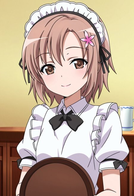 general,highres, ultra-detailed,very aesthetic,best quality ,best hands,best eyes,easynegative,
dynamic anglre, dutch angle, anime cloring,anime screencap,
1girl solo,looking at viewer,indoors, smile,holding tray,cup on tray,
Yukimura KUSUNOKI,brown_hair, short_hair, brown_eyes, hair_ornament, maid headdress, small breasts,maid costume