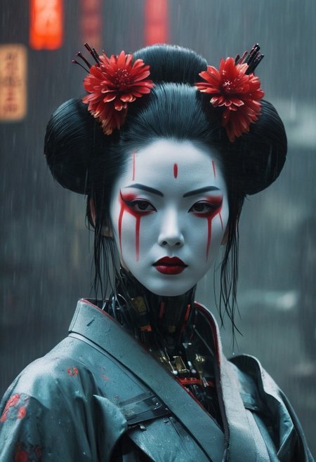 ((android:1.8) Geisha from film ghost in shell:1.5) cyborg parts,scream, creepy, dark movie atmosphere,, fog, natural light, cyberpunk background <lora:TWbabeXL01:0.2>