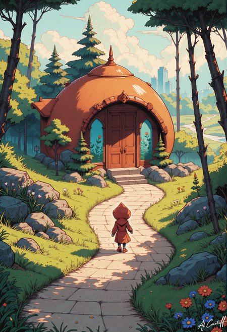 MysticComic, A girl in a red hood walks on a cobblestone path toward a spherical, orange-toned house nestled in a lush, vibrant forest bordering a city skyline.  detailed textures of the plants, rocks, and building.  Soft, diffused sunlight casts gentle shadows.  The colors are a mix of warm oranges & browns for the house, cool greens of the forest and grass, and off-whites and creams for the path and rocks.  The house is a unique, dome-shaped structure with a large, slightly arched entryway with a wooden door.  The city skyline is a light gray-white, with taller buildings in the background.  A variety of wildflowers, bushes, and pine trees are scattered throughout the scene.  The path winds gently through the environment. The child is small in scale, relative to the environment.  Focus on the textures and details.  Impressionistic hints of the light hitting the scene.  Dynamic lighting.  High-quality.<lora:CustomFlux/MysticComic-v3.safetensors:1.0:1.0>