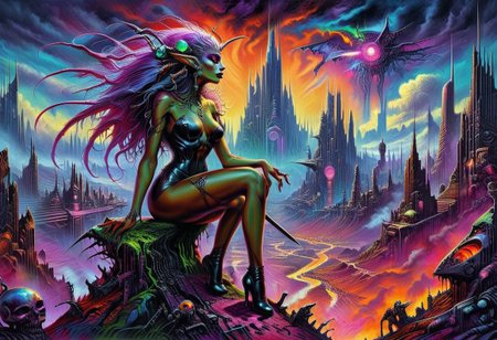 Detailed realistic painting of Dark 1980s cyperpunk city with dark techno witch woman in high hills and high thighs looking over dark city sky line Fantasy Style vivid color