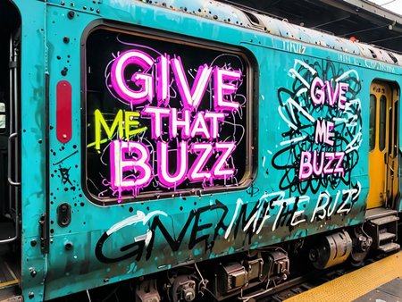 messy cyberpunk neon Graffiti on the side of a train that says "give me that Buzz", <lora:lora:1> <lora:Graffiti_canvas:0.3>