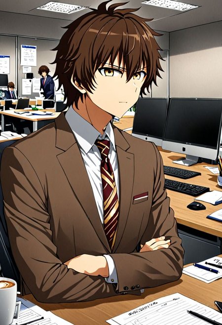 high resolution, solo, best quality, 1Boy, Seiya Kanie, Brownish Hair, suit, worklife, workspace, OverallDetail