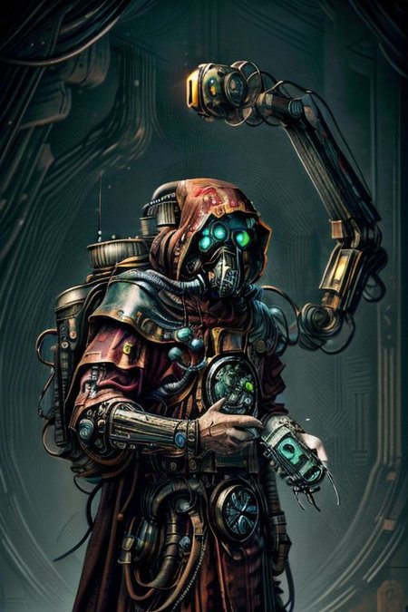 ((masterpiece,best quality)), absurdres, BREAK
mechanical arms, robes, hood, BREAK
((techpriest)), cyborg, mechanical face, mechanical limbs, gas mask, mechanical tentacles, (mechanical backpack), green cloak, BREAK
1other, solo, holding skull, BREAK
(CircuitBoardAI),