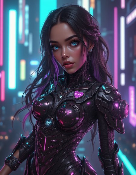 cyber 1girl, skinny, long black hair, cute face, pastel hair, bangle, thick eyebrows, bimbo, cyber black armor dress, full lips, cyber slim ass, large cyber breasts, cyber tits, cyber thighs, Big blue cyber eyes, braid, smile, hearts, cyber butt, city, realistic photo, 
leg raised, leg-split, 
 <lora:cyber-style-flux:1> cyberstnr  <lora:hourglassv2_flux:1> hourglass body shape