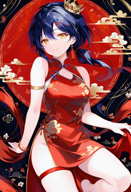 absurdres,incredibly absurdres,huge filesize,wallpaper,colorful,
1girl,solo,short hair with long locks,yellow eyes,hair between eyes,hair ornament,ponytail,low ponytail,dark blue hair,double ponytail,single earrings,bracelet,gloves,Chinese dress,chinese clothes,anklet,crown,red fringe,sleeveless,sleeveless cheongsam,red toenail polish,jewelry,bare shoulders,bangs,closed mouth,smile,earrings,short hair,red nails,sleeveless dress,short sleeves,no shoes,bare legs,detached sleeves,red tassel,thigh strap,upper body,
front view,white neckline,<lora:HyatsuXLlokr8f-000183:0.7>,