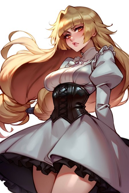 <lora:Kairuhentai:1>, score_9, score_8_up, score_7_up, score_6_up, score_5_up, rating_questionable, source cartoon
1girl, pretty face, pretty eyes, detailed eyes, HD eyes, eyebrows, lips, parted lips, pink lips, supple lips
standing, cowboy shot wide hips, athletic, thick thighs, medium breasts, perfect breasts, round breasts, round hips
pale skin, platinum blonde hair, bleach blonde hair, blonde hair, long hair, very long hair, braid, shiny hair, orange eyes
victorian dress, frilled dress, puffy sleeves, grey dress, black corset
simple background, white background