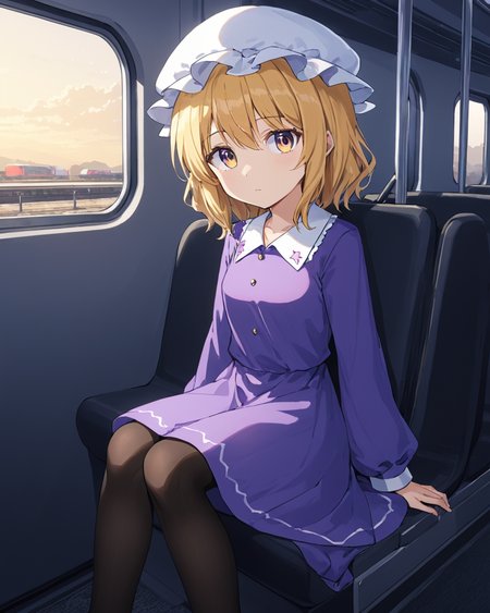 maribel hearn,1girl, train_interior, solo, purple_dress, mob_cap, sitting, looking_at_viewer, white_headwear, long_sleeves, black_footwear, star_\(sky\), expressionless, ground_vehicle, seat, closed_mouth, pantyhose, head_rest
<lora:maribel_hearn_image1596_2023-12-20-000014:1>,star-shaped_pupils,symbol-shaped_pupils,. gorgeous,key visual, vibrant, studio anime,award-winning, professional, highly detailed,high budget, cinemascope