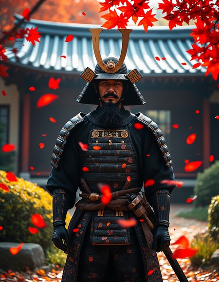 Imagine an image of a samurai standing in a traditional Japanese garden, autumn leaves swirling around them.