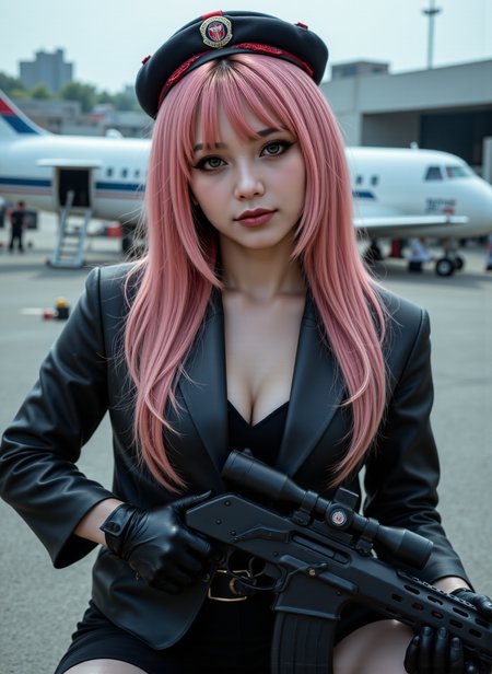 full body view, photoshoot poses, dynamic angles, multiple angles, photoshoot poses; a photo of Rui_WT in a futuristic style, with a red ribbon in her hair, pink hair,holding a gun in her hand, and wearing a black hat. She is standing on a platform, overlooking a hanger, with a gun in her hand, and her outfit includes a black hat, a black jacket, and black boots. daytime,  The scene is set in a gritty well lit environment, with a sense of action and adventure. Style: realistic hyper-detailed rendering, 32k UHD, expressive eyes, punk, graphic design, girl's face, pretty and cute, gleaming lips, telling a tale of adventure. Exuding confidence and serenity. The overall mood of the image is happy and relaxed,detailed skin texture,(blush:0.2),(goosebumps:0.3),subsurface scattering,with a playful and whimsical tone, aidmafluxpro1.1, aidmarealisticskin, detailed hand, perfect hands, 