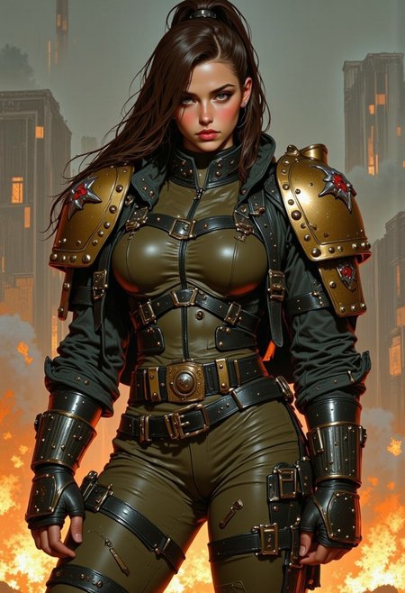 trashpunk, digital art, hyper-realistic, female soldier, full-body shot, standing pose, front view, military armor, green and black armor with gold accents, shoulder pads with red and white insignia, serious expression, light skin, brown hair in a high ponytail, wearing headphones, background with abstract smoke and fire effects, muted color palette, detailed textures, sci-fi setting, futuristic armor design, sleek and rugged look, light source from the front, soft shadows, realistic lighting, slight blush on cheeks, armor has a metallic sheen, intricate details on the armor, high-tech elements, mechanical parts, strong and determined look, no visible background objects, focus on the character, intense and dramatic atmosphere, artist: unknown, digital painting style, high level of detail and realism, cinematic quality, dynamic and powerful composition.