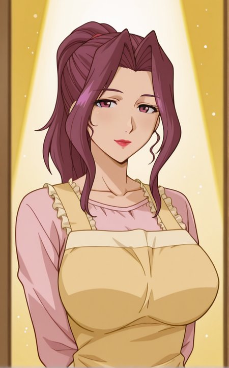 masterpiece, best quality, insaneres, absurdres,contrapposto, arms behind back, cowboy shot, looking at viewer, backlighting, light smile, light particles, blurry background, depth of field, bloom, gradient background, yellow background, spotlight,   <lora:ILLUSTXL_MistreatedBride_MitsukoTakayanagi_ownwaifu:1>, BREAK YellowApron_MitsukoTakayanagi_ownwaifu, 1girl, hair intakes, hair up, lipstick, long hair, makeup, pink shirt, ponytail, purple eyes, purple hair, sidelocks, yellow apron, mature female, long sleeves, frills, collarbone, red lips, large breasts, eyelashes, wedding ring,