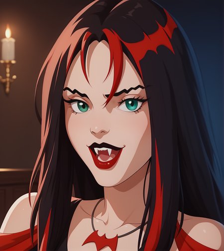 score_9,score_8_up, score_7_up,
hexthorn, 1girl, solo, close up, face focus, portrait, long black hair with red highlights, green eyes, 
black and red dress with red draped sleeves, red bat necklace, lipstick, 
open mouth, fangs, pointy teeth, vampire, 
retro_artstyle, cartoon, source_cartoon, lowres, 1990s_style,
<lora:Thorn_The_Hex_Girls:.9>