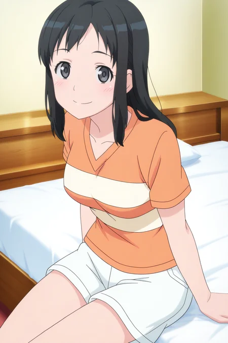anime screenshot, touno kyouko, 1girl, solo, black hair, long hair, black eyes, medium breasts, orange shirt, striped shirt, t-shirt, short sleeves, white shorts, looking at viewer, smile, sitting, cowboy shot, indoors, bed, on bed, masterpiece, best quality, high quality, highres, absurdres, <lora:touno_kyouko_ILXL:0.9>