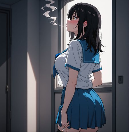 masterpiece,best quality,amazing quality,very aesthetic,absurdres,newest, huge filesize,
<lora:spo_sdxl_10ep_4k-data_lora_webui:0.5>,<lora:add-detail-xl:1>. flat color, anime screenshot,  volumetric lighting, depth of field,
(profile:1.2), (her back is to the wall), sad, (holding cigarette:1.3), ((blowing smoke:1.3)), looking up,
BREAK
 blushing, yukina,serafuku, sexy, large breasts, black thighhighs, 
<lora:illustrious_XL_yukina:0.8>