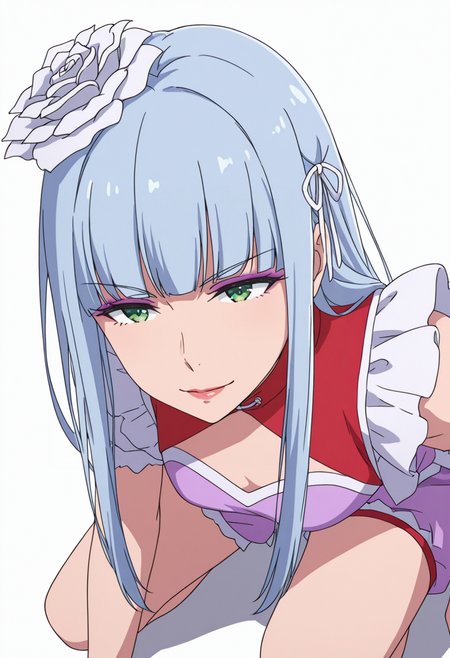 Smooth Quality,masterpiece,very intricate, high quality details, ultra realistic, high detailed skin,detailed enviorement,absurdres,
 <lora:Manami_Supernova_CNR:0.8> manami_cnr, 1girl,blue hair, long hair, blunt bangs, green eyes, makeup, lipstick,white flower,hair flower, hair ornament,, simple background, white background, from above,solo,
crouching, one hand on ground, other on knee, intense gaze, balanced stance,  ,, \(^o^)/,, cheongsam top,   ,peacoat,  ,board shorts,  ,