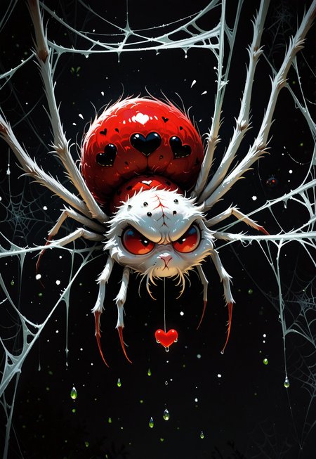 spider, white spider, cute, grumpy, solo, animal focus, heart shaped web, red spider web, dew drops, black background, portrait, photo \(medium\), scenery, volumetric lighting, masterpiece, best quality, good quality, very awa, very aesthetic, absurdres, newest, opill