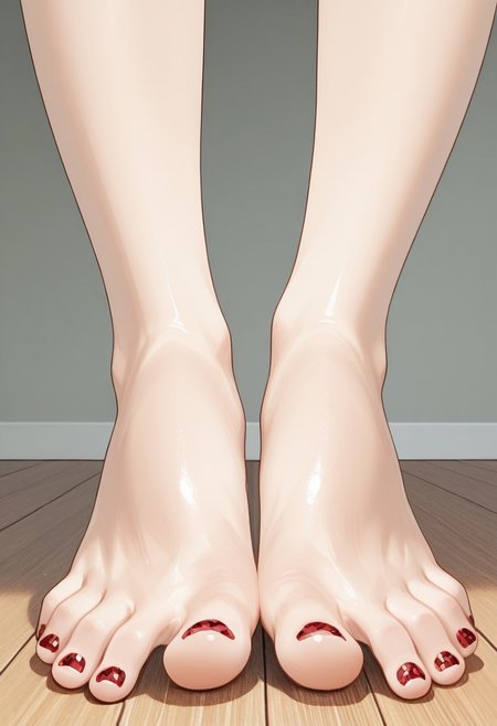 1girl, solo, barefoot, feet, wooden floor, patterned blue_toenail_polish, ((close-up)), lower_body, spreading toes, detailed feet, feet_focus, perfect toes, toes focus, close-up on toes, five_toes, from below