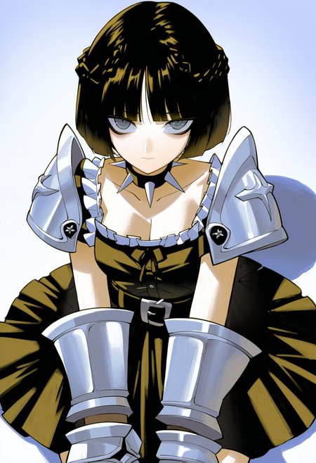 score_9, score_8_up, score_7_up, score_6_up, score_5_up, score_4_up, BREAK
1girl, black hair, solo, shoulder armor, armor, spikes, short hair, chain necklace, pauldrons, bob cut, looking at viewer, dress, frills, breasts, belt, closed mouth, choker, cleavage, sitting, black belt, collar, white background, grey eyes, black choker, black collar, braid, gauntlets, blunt bangs, collarbone, black dress, buckle, shadow, frilled dress, simple background, spiked collar, sanpaku, upturned eyes, cowboy shot, gradient background
<lora:vinne_art_style:1>