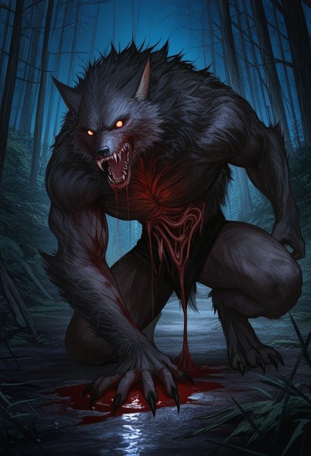 MASTERPIECE, AMAZING QUALITY, 3NDL3SS, BEAST, WEREWOLF, DARK, SHARP FANGS, BLOODY, ABOMINATION,