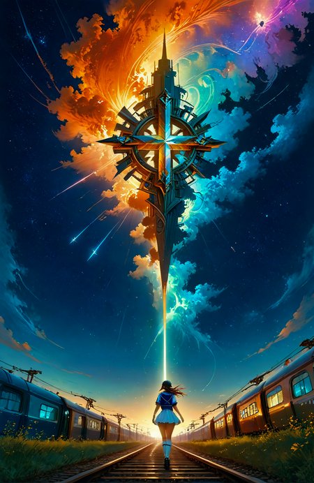 score_9, score_8_up, score_7_up, score_6_up,
score_9,score_8_up,score_7_up,source_anime,
XUER gufeng,<lora:ç»ªå¿ å¤é£ XUER gufeng:0.8>,
In the style of Makoto Shinkai Anime,Anime Movie Your Name,wide angle long shot of a girl with sailor uniform standing at a railway cross at sunset,gradient dark blue and orange sky,starry sky with large glowing purple and blue shooting star,highly detailed,ultra-high resolutions,32K UHD,best quality,masterpiece,
detailxl_xl, <lora:add-detail-xl:0.8>,  ,  <lora:Fant5yP0ny:0.8>,  <lora:sinfully_stylish_SDKL:0.8>, <lora:Vivid Midjourney mimic - XL SDXL v2.0:0.8>,  <lora:vivid_everclear:0.8>
