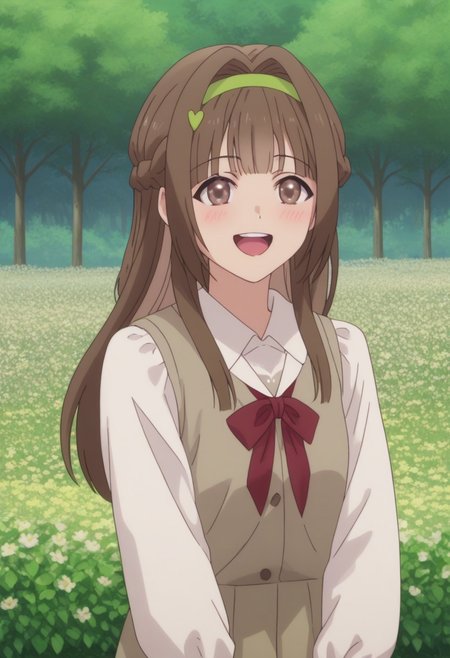 Haruka, long hair, brown hair, brown eyes, school uniform, braid, hairband,
(nsfw), (uncensored), (score_9), score_8_up, score_7_up, source_anime, cowboy shot, dynamic pose, 1 Female, solo, happy smile joy, blush, ashamed, shy, sexy, charming, alluring, seductive, enchanting, erotic, 
((outdoors)), ((flower garden)), ((flowers)), ((many flowers)), spring petals, petals of flowers, spring, falling petals, flying butterflies,