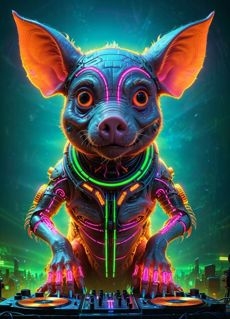 Ombre color scheme of neon orange, neon pink, neon blue, neon yellow, neon green, biomechanical cyberpunk psychedelic style cute weird (alien|pig) creature DJing (at a rave:1.1)  (giant speakers:1.2) (crowd distant background:1.15) (bokeh volumetric lighting, fog:1.1)  <lora:fx-monsters:0.35> fx-monsters  <lora:add-detail-xl:1> <lora:sss:0.8> <lora:xl_more_art-full_v1:0.35> <lora:The_Dark_Side_Of_The_Future:0.25>  <lora:vibracol:0.5> vibracol, subsurface scattering, Photorealistic, Hyperrealistic, analog style, realistic, film photography, soft lighting, heavy shadow . vibrant colors, swirling patterns, abstract forms, surreal, trippy . cybernetics, human-machine fusion, dystopian, organic meets artificial, dark, intricate, highly detailed