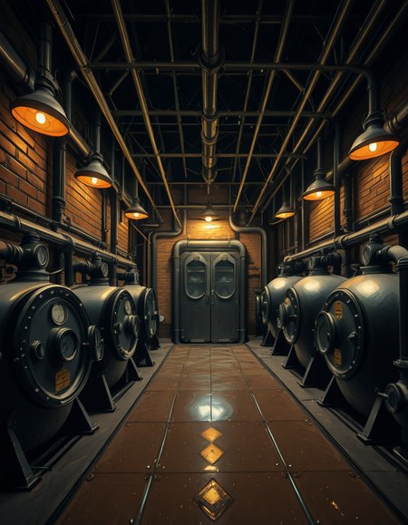 A highly detailed and realistic photograph of an industrial boiler room filled with large metal boilers, complex pipe systems, and pressure gauges. The room is dimly lit with a mix of warm yellow lighting from overhead industrial lamps and cool blue reflections from metallic surfaces. The air is slightly hazy with steam escaping from some of the pipes. The floor is made of reinforced concrete with visible stains from oil and water. Various control panels with blinking LED indicators and warning signs are mounted on the walls. The atmosphere is rugged and mechanical, evoking a sense of power and industrial efficiency. The depth of field is sharp, capturing intricate details such as rust on old pipes, the texture of the metal surfaces, and the labels on the control panels. The composition emphasizes symmetry, with pipes and machinery creating a structured, almost futuristic aesthetic.
<lora:SDXLFaeTastic2400:0.4> <lora:extremely_detailed:0.4> extremely detailed, <lora:industrial_boiler_room-i:1>,industrial b01l3r r00m, Masterpiece,best quality,hi res,8k,hi res,8k,award winning,(sharp focus, intricate, highly detailed),