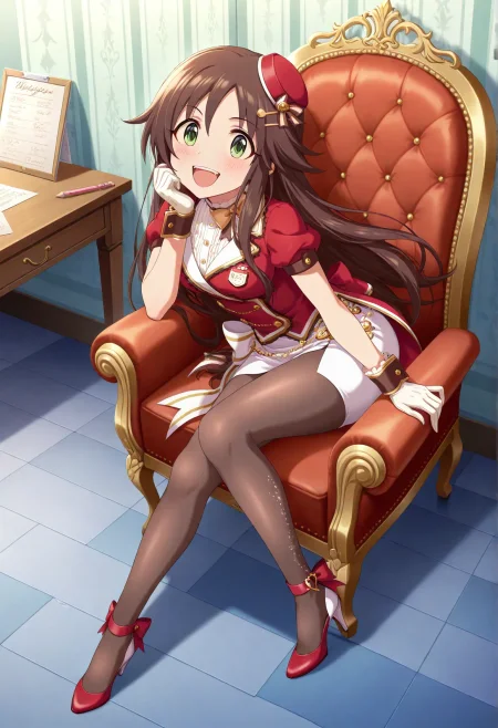masterpiece, best quality, absurdres, highres, explicit, Newest, anime coloring,anime_screencap,from above,looking at viewer, upper teeth, 
himekawaidol, long hair,brown hair,green eyes, hairclip, hair ornament, pantyhose, skirt,white gloves, white skirt, pencil skirt, short sleeves, mini hat, red headwear, black pantyhose, bow,buttons, badge, shirt, wrist cuffs, side slit,red footwear, high heels, ankle ribbon,sitting,seductive smile, (masterpiece:1.1), (best quality:1.1), (newest:1.1), official art, anime screenshot, (absurdres:1.1), (highres:1.1) <lora:himekawa_il:1>