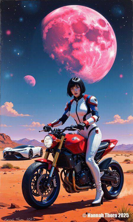 A cinematic, hyperrealistic digital painting in the style of Syd Mead, depicting a young woman with short black hair, wearing a sleek, white spacesuit with vibrant blue and red accents, confidently straddling a futuristic red motorcycle in a desolate, Martian-like desert landscape.  A glowing pink nebula dominates the sky, punctuated by a large, pink moon and distant stars.  A futuristic white hovercar is parked nearby. The woman's expression is serious and determined, her gaze directly confronting the viewer.  Her black gloves and white boots complete the outfit.  The overall aesthetic is a blend of sci-fi adventure and cosmic wonder, emphasizing a strong female protagonist in a vast, alien environment.  Signature "Hannah Thorn 2023" subtly placed in the bottom right corner. <lora:_Flux\_Painting\Erotic Comic F.safetensors:0.7000000000000001:0.7000000000000001>