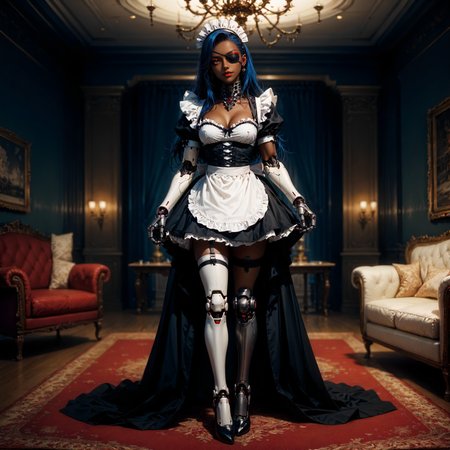 (score_9, score_8_up, score_7_up,), (thick lineart, sharp edges, cel shading, linear hatching)
BREAK
gothic architecture,  living room,
BREAK
full body,  1women, dark dark-skinned female, blue hair, long hair, red eyeliner, head tilt, cybernetic neck, bionic torso, bionic skin, maid headdress, maid apron, maid, sexually suggestive, euphemism, left eyepatch,
<lora:Bad_Hands_lora:0.8>