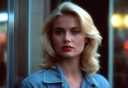 CinematicPortrait woman analog photo blonde     masterpiece indoors, (glossy  dark lipstick), blue eyes, (shop window street lights), soft focus, depth of field, film grain, (((looking at viewer))) <lora:CinematicPortraitXL_v3:0.3>  <lora:EuroBabe-v4-XL:0.3>